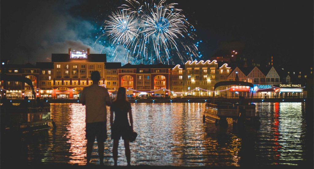 Couple watching fireworks at night